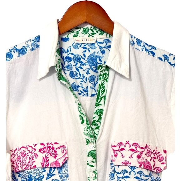 Roberta Roller Rabbit Button Down Shirt Cotton White Floral Tropical EUC Size L - Picture 2 of 9